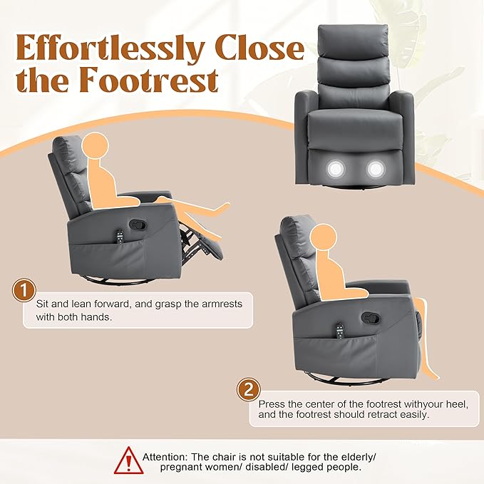 Manual Swivel Rocker Recliner Chair with Massage, Overstuffed Recliner Glider with Vibration Massage and Heat for Nursery, Living Room Reclining Sofa Chair, PU Leather Gray
