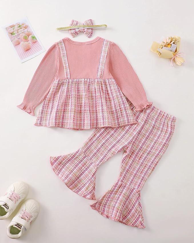 Kucnuzki Toddler Baby Girl Clothes Outfit Long Sleeve Plaid T Shirt Top Flare Leggings Pants 2 Piece Outfit Kids Clothes