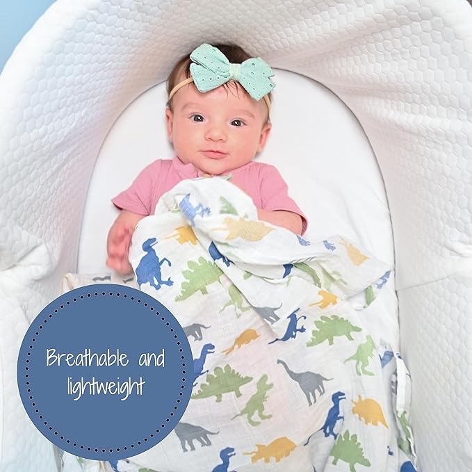 LollyBanks Muslin Swaddle Blankets, 100% Cotton Newborn Blanket for Boys and Girls, Large 47 x 47 Inches Lightweight and Breathable Baby Swaddle Blanket, Baby Essentials, Registry (Dinosaur Theme)