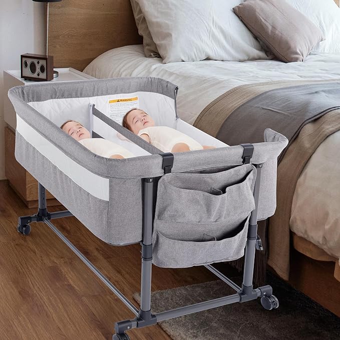 MTWML Twin Bassinet for 2 Babies,Portable Twins Crib with Storage Bag and Replaceable Mattress Cover,Adjustable Height Double Bedside Crib Attaches to Bed with Strap for 0-6 Months (Deep Grey)