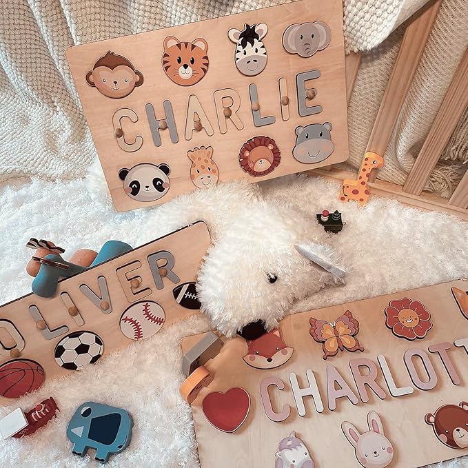 Name Puzzle for Kids Personalized, First Birthday for Baby Boy Girl, Wooden Name Puzzles for Toddlers 1-3, Educational Toys for 1 Year Old (Animal)