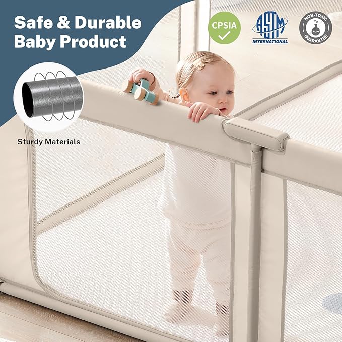 Baby Playpen Portable, Pre-Assembled Play Pen 71x79 Large Foldable Playpen for Babies and Toddlers, Sturdy and Safe Toddler Play Yard Indoor Outdoor with Carry Bag, Light Khaki