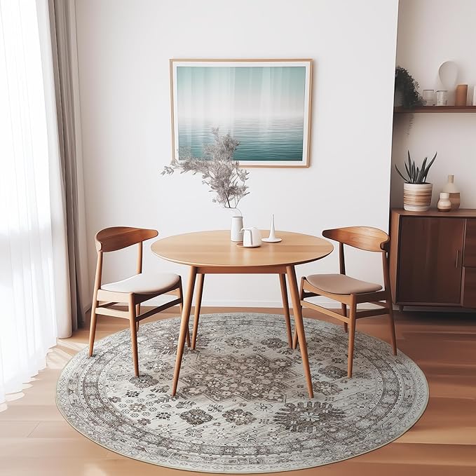 zesthome 9ft Round Rugs for Living Room, Non-Slip Washable Round Area Rugs, Ultra-Thin Large Circle Rugs, Soft Low Pile Rug for Bedroom, Kitchen - Vintage Stain Resistant Round Rug (Brown/Beige,9'x9')