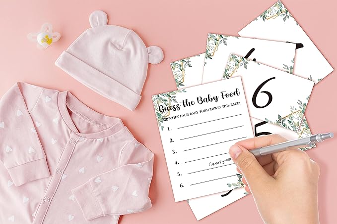 Baby Shower Game Set, Find The Baby Food Party Games(1 Standing Sign + 20 Answer Cards + 6 Number Cards), Neutral Greenery Shower Games, Eucalyptus Gender Reveal Party Favor Decor(A01)