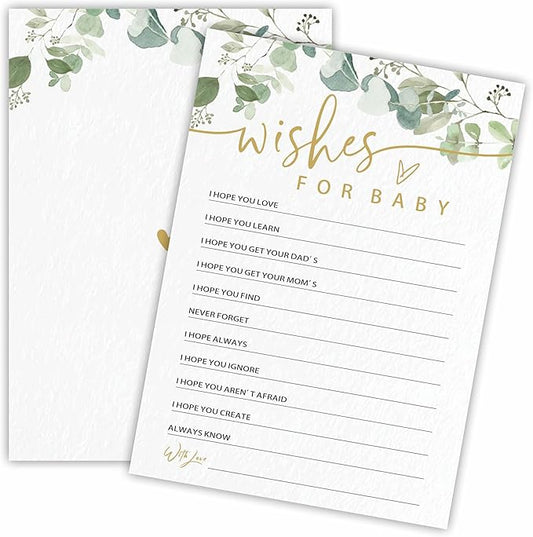 Wishes For Baby - Baby Shower Game Cards - Golden Greenery - 30 Double-Sided Fill In Style Game Cards For Gender Reveal, Baby Announcement, Party Games & Activity - D09