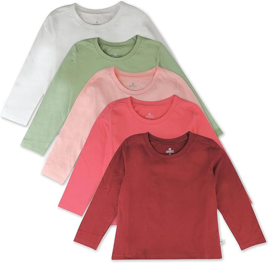 HonestBaby 5-Pack Long Sleeve T Shirts 100% Organic Cotton for Toddler, Little Kids Boys, Girls
