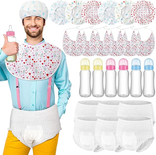 6 Sets Bottle Chug Baby Shower Games Plastic Baby Bottles Bulk Diapers Gender Reveal Games Hat and Adult Bib Race Game Decoration for Girl Adults (Classic Style,Colourful)