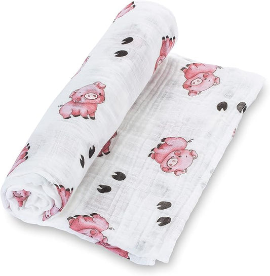 LollyBanks Muslin Swaddle Blankets for Boys and Girls, Large 47 x 47 Inches Baby Blanket, Soft and Breathable 100% Cotton Baby Receiving Blankets, Baby Essentials, Registry (Piggy Farm Theme)
