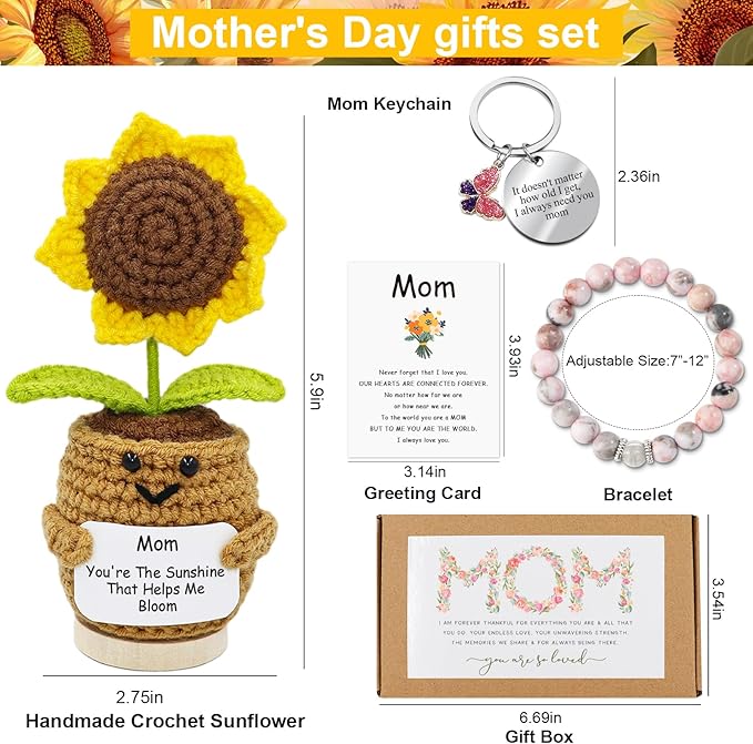 Lamyba Mom Gifts,Mothers Day Gifts for Mom,Birthday/Christmas/Valentine's Day Gift,Handmade Positive Sunflower Doll Crochet with Card,Keychains,Bracelet and Gift Card