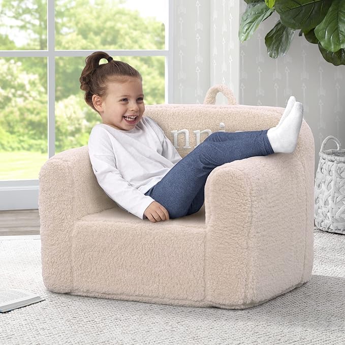 Delta Children Cozee Sherpa Chair – Customize with Name – Foam Kids Chair for Ages 18 Months and Up, Cream