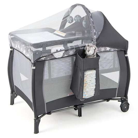 BABY JOY 4 in 1 Pack and Play, Portable Baby Playard with Bassinet, Adjustable Canopy, Changing Table, Lockable Wheels, Glowing Music Box, Travel Baby Crib Bassinet Bed from Newborn to Toddler