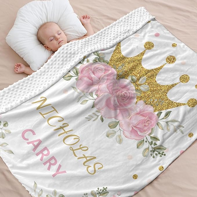 Personalized Baby Blanket for Girls Floral Crown Custom Baby Blankets with Name Dotted Backing Customized Gifts for New Mom Customize Baby Blanket for Kids Newborn Birthday