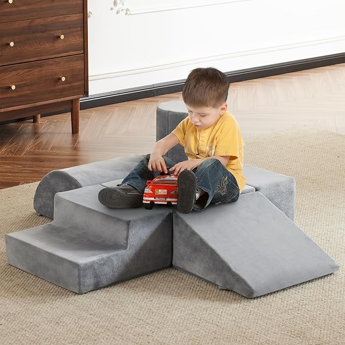 jela Kids Foam Climbing Blocks 6Pcs Soft Play Equipment Soft Velvet, Toddler Climbing Toys Indoor Soft Play Climbing for Toddlers, Lightweight Climbing Blocks for Babies, Climb and Crawl Foam Playset