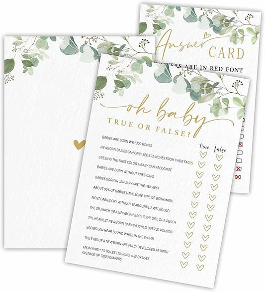 Oh Baby, True Or False Baby Shower Game Cards - Golden Greenery - 30 Double-Sided Fill In Style Game Cards With Answer Card, Gender Reveal, Baby Announcement, Party Games & Activity - D11