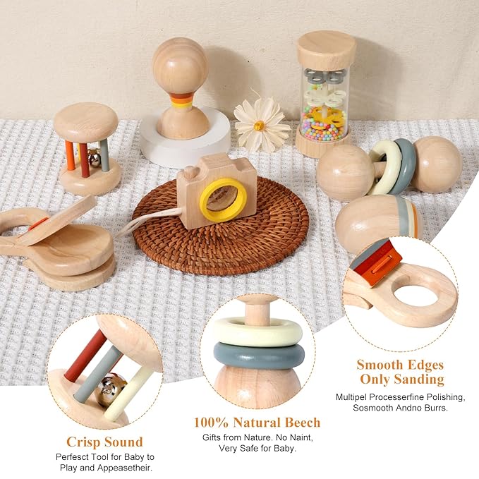WODI Wooden Baby Toy 7pcs, Montessori Toys for Babies 0-3-6-12 Months, Toddler Hand Wooden Rattles Toy Set for Infant Grasping with Storage Bag, Sensory Development, Gift for Baby Boys Girls