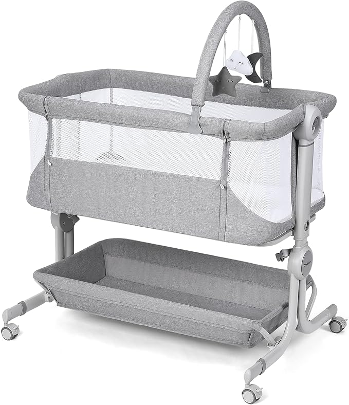 Cowiewie Baby Bassinet Bedside Sleeper with Storage Basket,Wheels & Hanging Toys, Easy Folding Portable Bassinet with Wheels Adjustable Height Portable Bassinets for Newborn(Handbag)