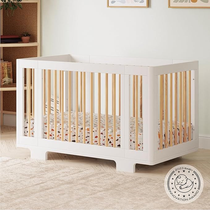 Babyletto Yuzu Convertible All-Stages Bassinet, Midi, Full-Size Crib in White with Natural, Greenguard Gold Certified, Portable & Adjustable with Conversion Kits and Pads Included