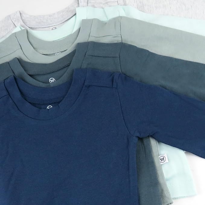 HonestBaby 5-Pack Long Sleeve T Shirts 100% Organic Cotton for Toddler, Little Kids Boys, Girls