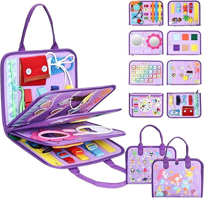 Busy Board Montessori Toys for Toddlers 1-3, Birthday Gifts for 1 2 3 4 Year Old Girl, Autism Sensory Travel Toy, Educational Activity Book Board for Learning Fine Motor Skills Toys, Purple