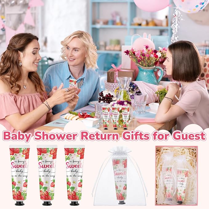 48 Sets Baby Shower Hand Cream Bulk Sweet Strawberry Baby Shower Favors Bridal Thank You Hand Cream for Guests Travel Size Lotion with Organza Bags