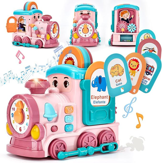 hahaland Musical Toy for Baby Girl Gifts，First Year Activity Musical Train with Talking Flash Cards Bilingual (EN/ES), Educational Learning Toys for Toddlers, Baby Toys 18-36 Months Girl Easter Gifts