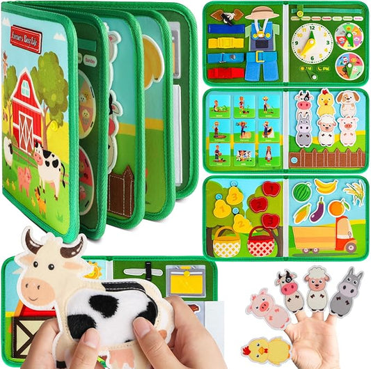 Quanquer Toddler Busy Board Montessori Toys for 1 2 3 4 Year Old - Farm Busy Book Educational Learning Sensory Toy for Boys Girls - Christmas Birthday Gifts for Toddlers Travel Toys for Airplane Car