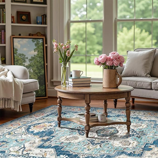 jinchan Area Rug 6x9 Washable Living Room Rug Indoor Large Vintage Floor Cover Distressed Navy Blue Multi Lightweight Non Slip Thin Carpet for Kitchen Bedroom Dining Room