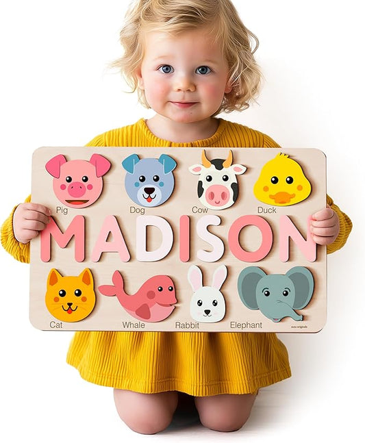 Baby Custom Name Puzzle with Animals, Custom Handmade Birthday Gift for Kids, for Toddlers, Special New Baby Gift, Wood Puzzle