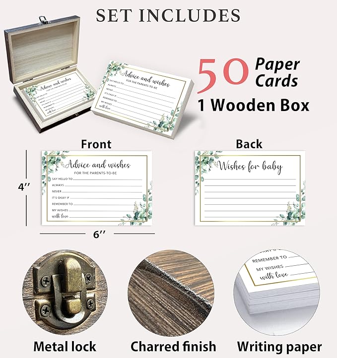 Baby Shower Advice and Wishes Cards for The Parents To Be, 50Pcs Advice Cards With Box for Baby Shower Games Party Decorations, Wishes for New Parents Mommy & Daddy(Greenery) -A03