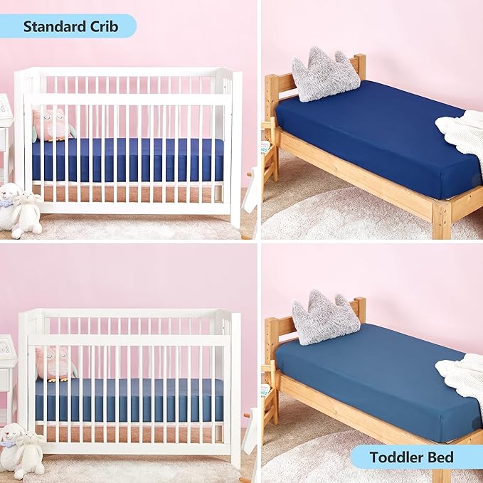 TILLYOU Baby Crib Sheets for Boys Girls, Super Soft Toddler Bed Sheets, 2 Pack Sheets for Standard Crib Mattress 28x52in, Navy and Stone Blue