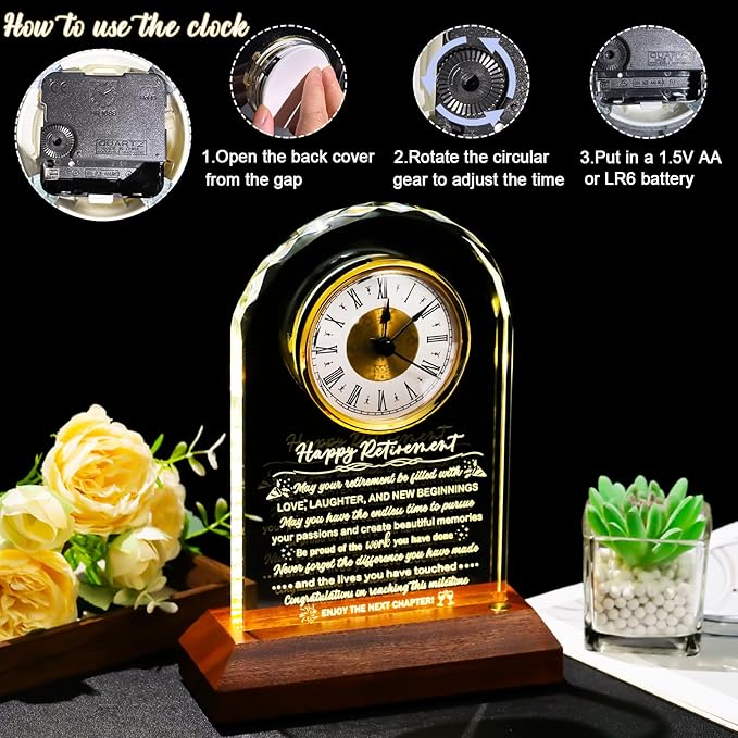 Glass Retirement Clock With Wooden Light Base - Happy Retirement Plaque for Women Men Colleagues Boss Friend - Farewell Gift Idea for Her Going Away - Retired Keepsakes for Teacher Doctor