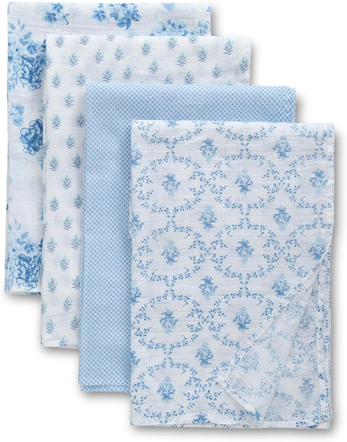 Delta Children 100% Cotton Muslin Baby Receiving Blankets for Girls and Boys – 47x47 Inches (Pack of 4), Blue Botanicals