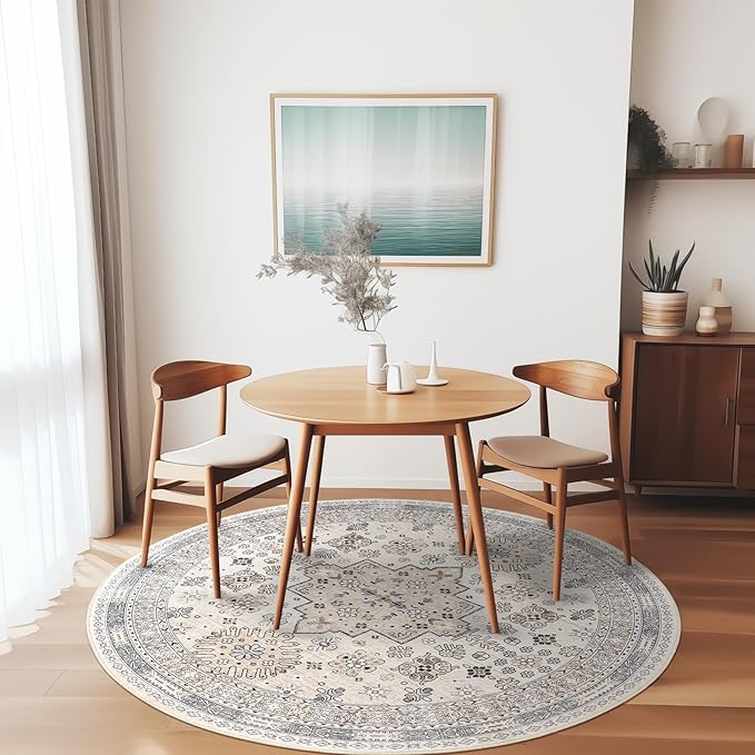 zesthome 8ft Round Rugs for Living Room, Non-Slip Washable Round Area Rugs, Ultra-Thin Large Circle Rugs, Soft Low Pile Rug for Bedroom, Kitchen - Vintage Stain Resistant Round Rug (Beige,8'x8')