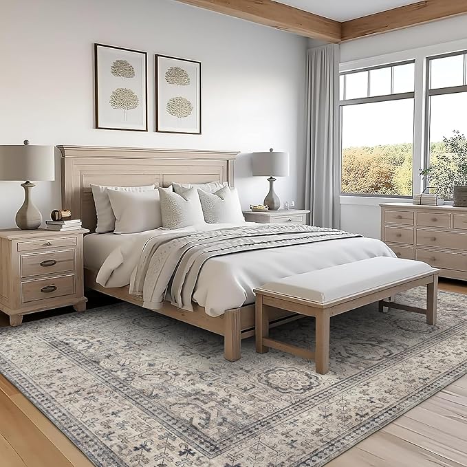 ReaLife Rugs Machine Washable Area Rug - Living Room Bedroom Bathroom Kitchen Entryway Office - Padded Low Pile Stain Resistant Premium - Boho Farmhouse Vintage - Paz - Beige Gray Ivory 7'6" x 9'6"