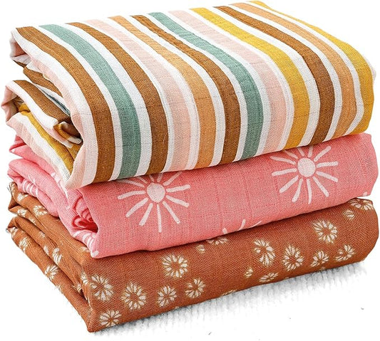 Muslin Swaddle Blankets for Baby Boys and Girls,3 Pack Breathable Soft Receiving Blanket,Large 43.3X 43.3 inches,Newborn Essentials Must Haves(Sun)