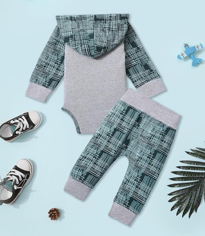 Fommy Newborn Baby Boy Clothes Plaid Letter Print Long Sleeve Hoodies + Long Pants 2PCS Fall Winter Outfits Set