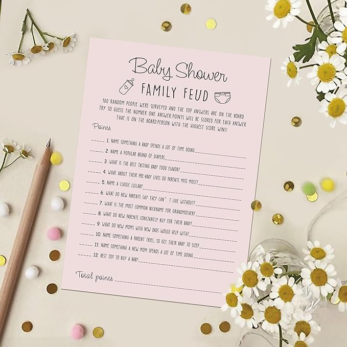 Baby Shower Family Feud Game - Pack of 30 Game Cards 1 Answer Key, Baby Shower Game for Boy & Girl, Gender Neutral Baby Shower Decorations, Baby Feud Game Supplies-01A-Indipink