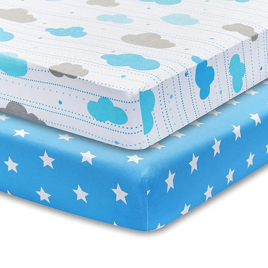 2 Pack Fitted Crib Sheets for Boys in 100% Jersey Knit Cotton –Boy’s Crib Mattress Sheets in Celestial Themes - Blue with White Stars and White with Blue and Gray Clouds by Everyday Kids