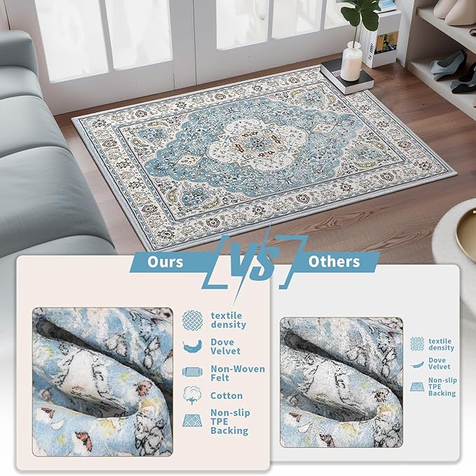 Ciicool Boho Area Rug 3’x5’ Blue Washable Bedroom Non-Slip Oriental Entry Soft Throw Low-Pile Indoor Rug Floor Carpet for Living Room Laundry Foyer Decor (Floral Medallion)