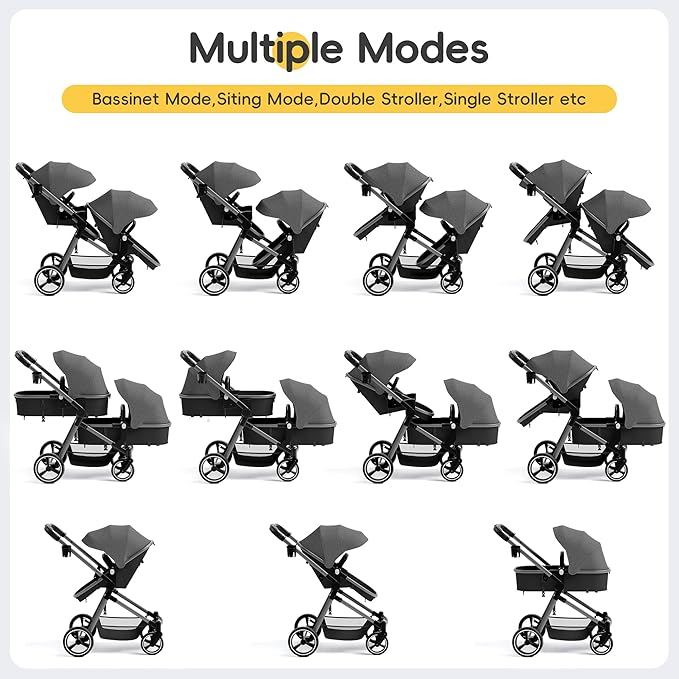 MU Double Stroller, Foldable Twin Tandem Stroller with Adjustable Backrest, Reversible Seat, 5-Point Harness, Storage Basket, Convertible Baby Bassinet for Infant and Toddler, Gray