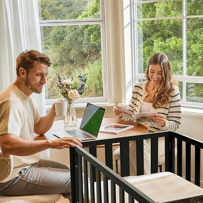 EvoNook 6-in-1 Convertible Mini Crib, 100% New Zealand Solid Wood, 4 Adjustable Mattress Heights, Black with Matttress