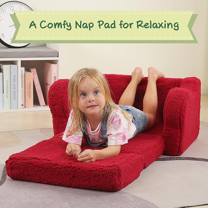Kids Chairs for Toddler, 2-in-1 Toddler Soft Sherpa Couch Fold Out, Convertible Sofa to Lounger for Girls and Boys, Christmas Decor, Red