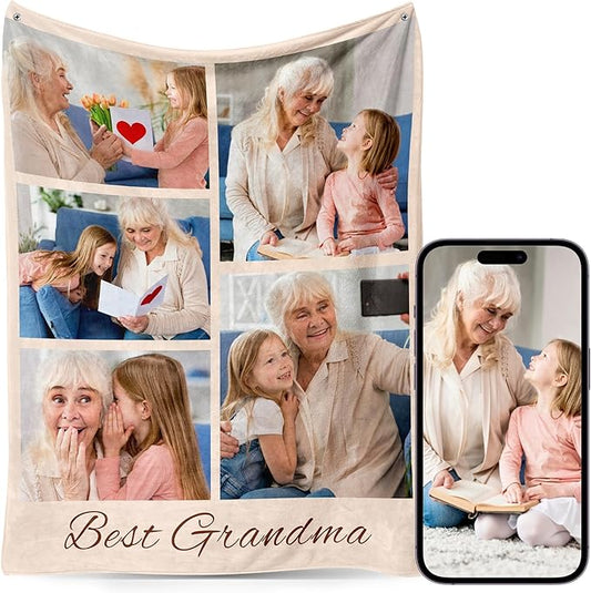 Custom Personalized 9 Photo Collage Blanket Thow Gifts with Text, Customized Pictures Blankets Gift for Christmas Birthday Thanksgiving Adults Kids Dad Mom Girlfriend Boyfriend (5 Grandma)