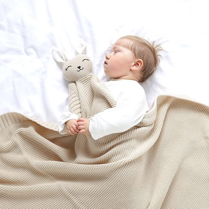 LAWKUL Bunny Lovey Baby Blanket Soft Plush Security Blanket Knit Snuggle Comfort for Newborns Toddlers Boy Girl Camel 40x30in