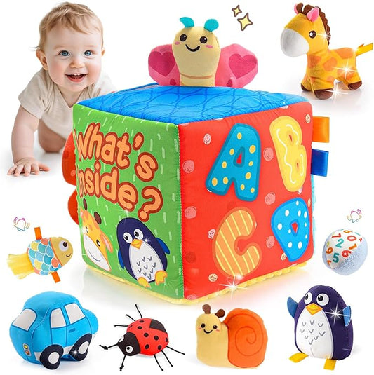 Baby Toys 6-12 Months, Mystery Montessori Sensory Soft Box Toy with 8 Stuffed Animals for 6 7 8 9 10 12 Month Old Babies Girl Boy Gifts Learning Busy Boxes Birthday for Infant & Toddler