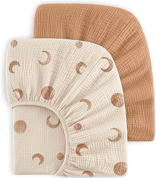 Bearmoss Muslin Crib Sheets 100% Cotton Baby Bed Sheets Soft&Breathable Nursery Sheet 52"x28" for Standard Crib Mattress&Toddler Bed Mattress - 2 Pack (Brown Moon)
