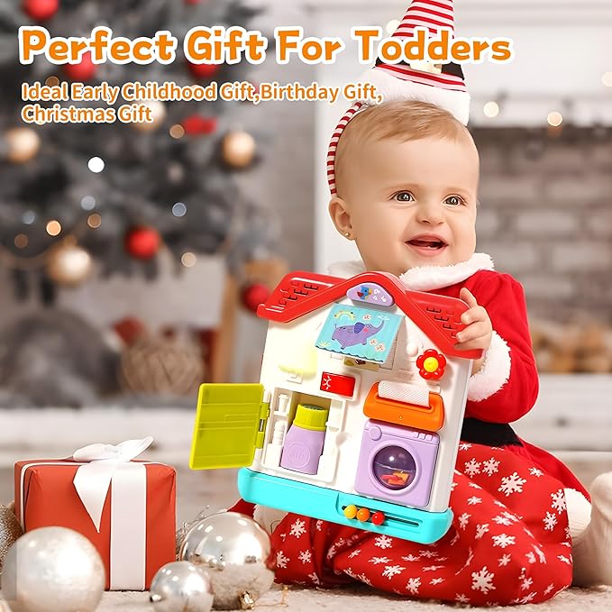 Baby Busy Board for 1 Year Old,Musical Montessori Toys House Busy Board Boy Gifts with Light & Music, Baby Toys 12-18 Months Birthday Gift Toy for 1 Year Old Girl