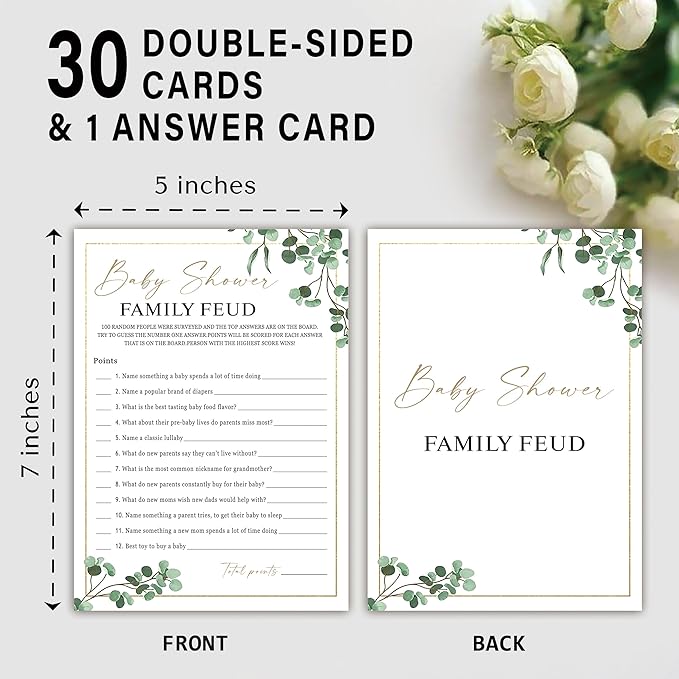 Baby Shower Family Feud Game - Pack of 30 Game Cards 1 Answer Key, Greenery Baby Shower Game for Boy & Girl, Baby Shower Decorations, Baby Feud Game Supplies-04