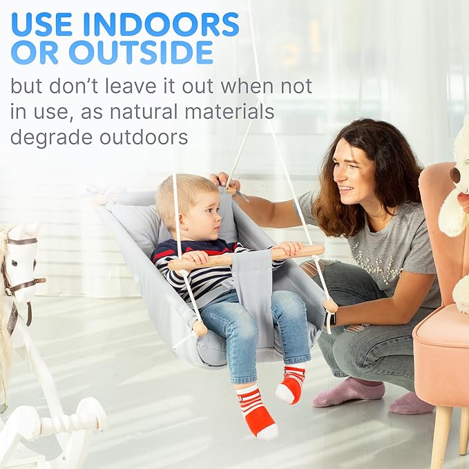 CaTeam Canvas Toddler Swing – Indoor/Outdoor Hanging Chair for Patio & Playroom with Safety Belt – Wooden Baby Seat for Ages 12+ Months – Gray