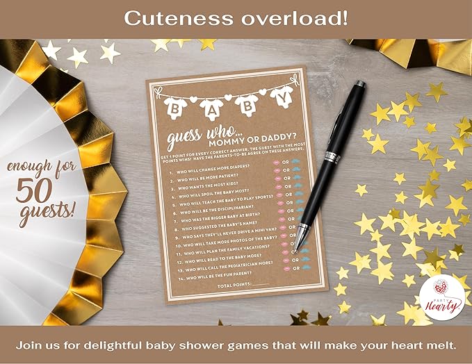 Party Hearty Baby Shower Games for Girl or Boy, 50 pcs Mommy or Daddy Guess Who Game, Fun Activity Cards, Gender Neutral, Ideas